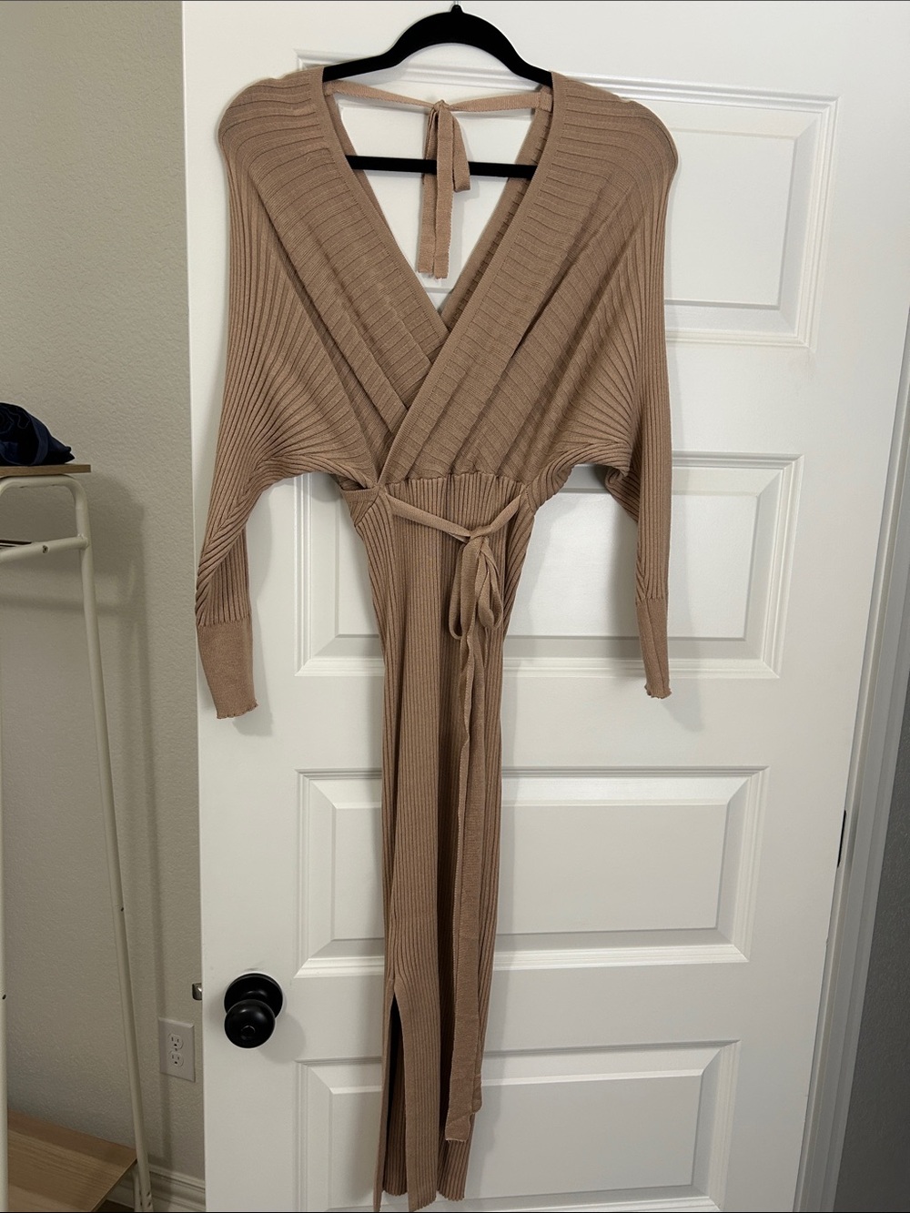 Womens Ribbed Knit Maxi Dress in Beige
